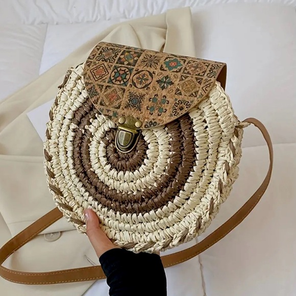 Cream and Brown Woven Crossbody Bag with Geometric Detailing - Picture 1 of 4
